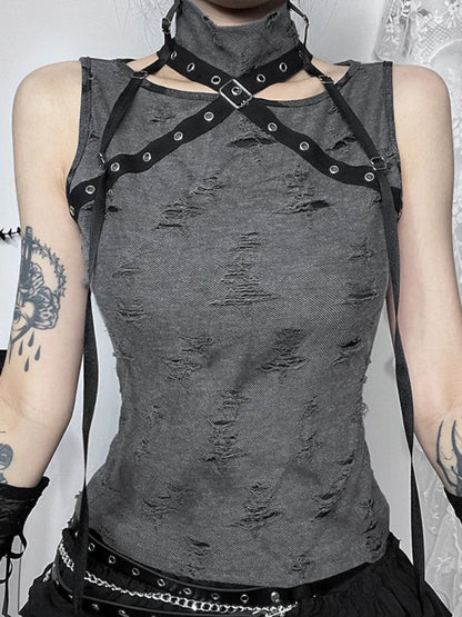 Vintage Gothic Print Retro Punk  Sleeveless Five Pointed Star Crop Top