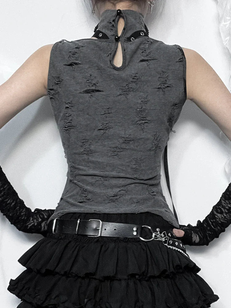 Vintage Gothic Print Retro Punk  Sleeveless Five Pointed Star Crop Top