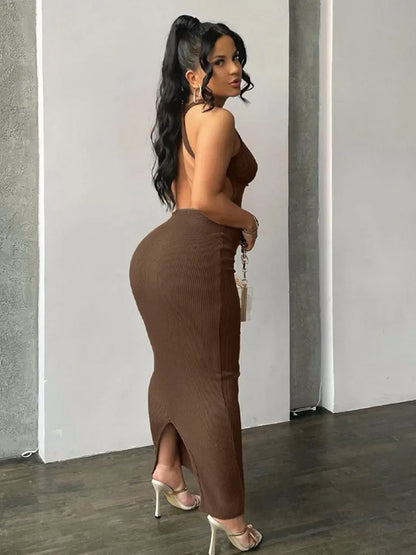 Spring  Backless Elegant Evening Birthday Brown Long Midi Dresses