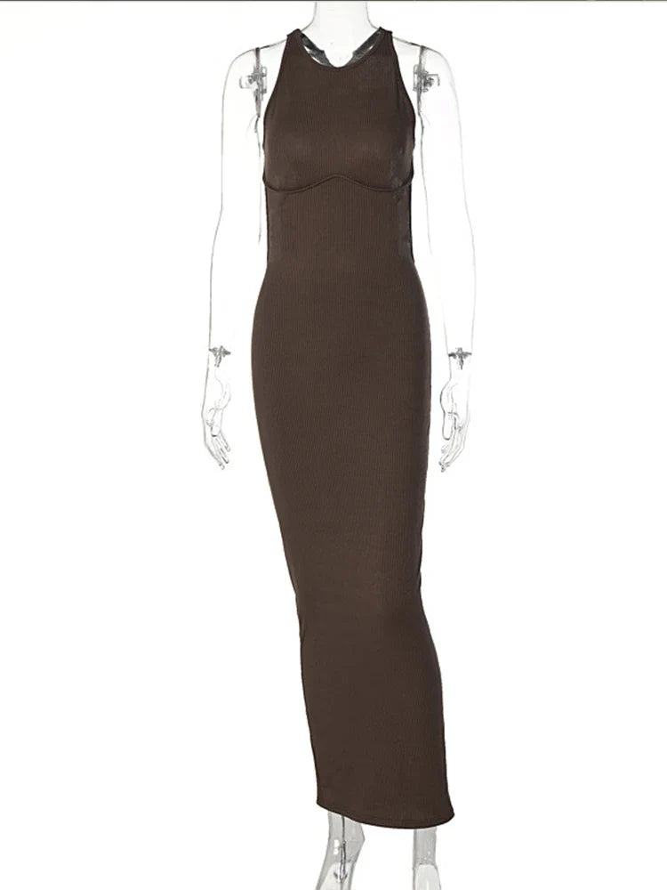 Spring  Backless Elegant Evening Birthday Brown Long Midi Dresses