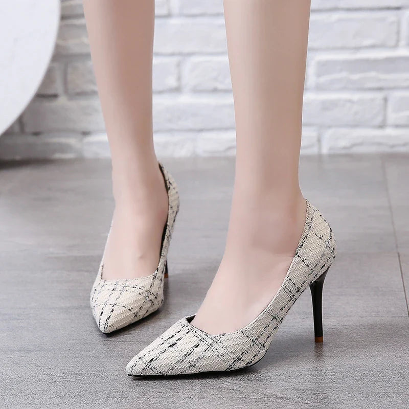 Simple Color Matching Plaid Design Shopping Walking New Style High Heel