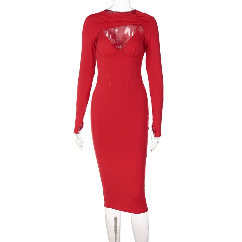 Summer Bodycon Solid Long Slim  Hollow Buttock Elegant Midi Dresses