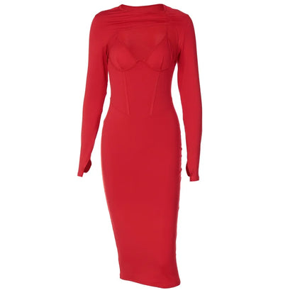 Summer Bodycon Solid Long Slim  Hollow Buttock Elegant Midi Dresses