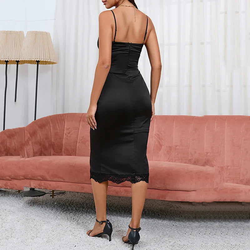 Summer Puss  Lace V-neck Elegant Casual Streetwear Midi Dresses