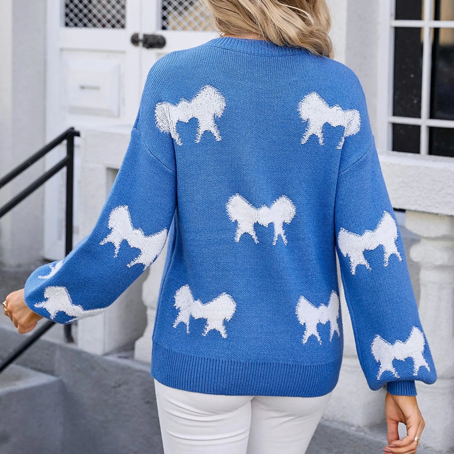 Oversize Bow Basic Print O-Neck White Thick Knitted Sweater
