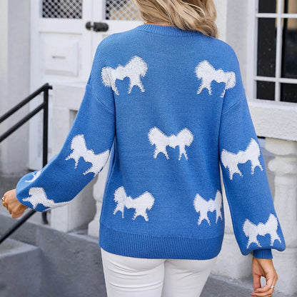 Oversize Bow Basic Print O-Neck White Thick Knitted Sweater