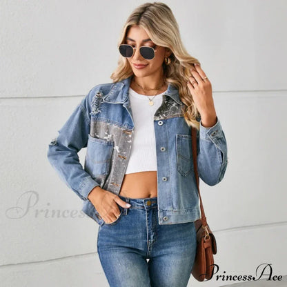 Autumn Denim Stand Collar Patchwork Slim Fit High Waist Jacket