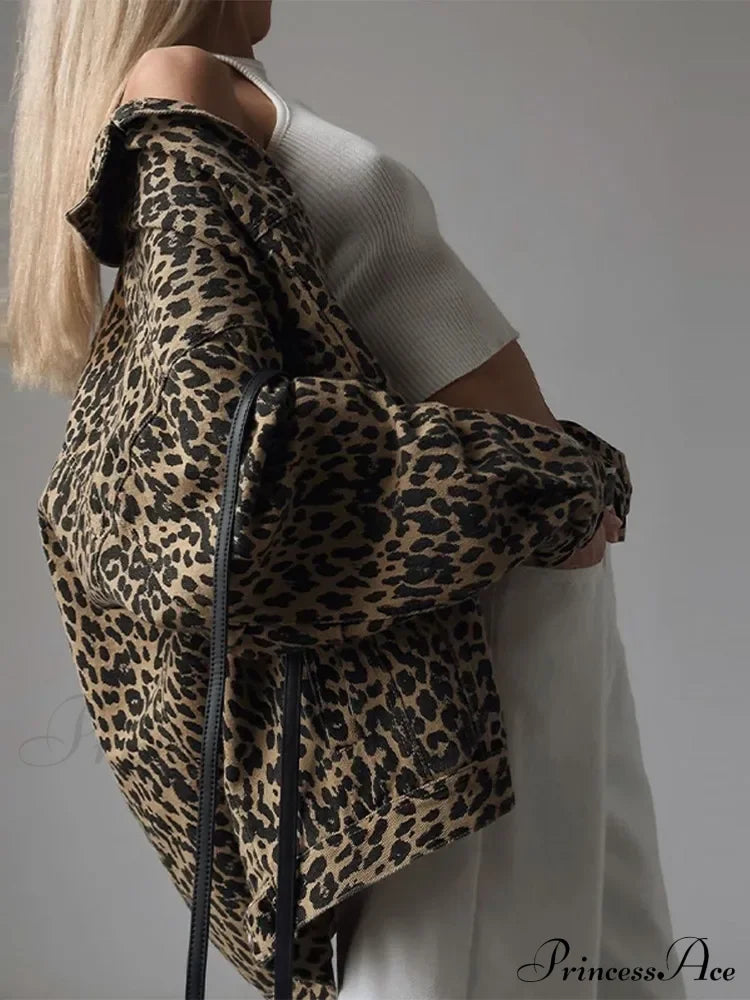 Autumn Winter New Denim Long-sleeved Leopard Stitching Slim Fit Jacket