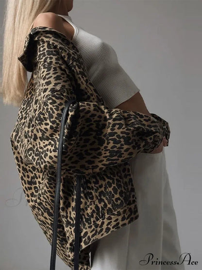 Autumn Winter New Denim Long-sleeved Leopard Stitching Slim Fit Jacket