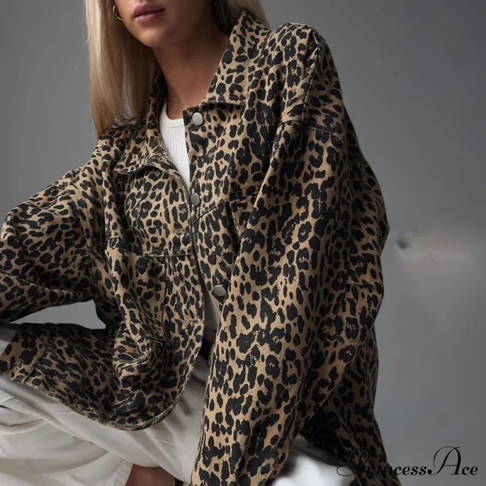 Autumn Winter New Denim Long-sleeved Leopard Stitching Slim Fit Jacket