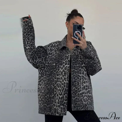 Autumn Winter New Denim Long-sleeved Leopard Stitching Slim Fit Jacket