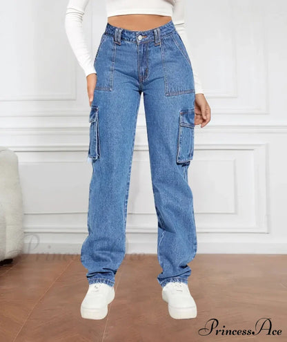 Blue Autumn Cargo Women High Waist Button Pocket Denim Pants High Quality Female Cowboy Jeans
