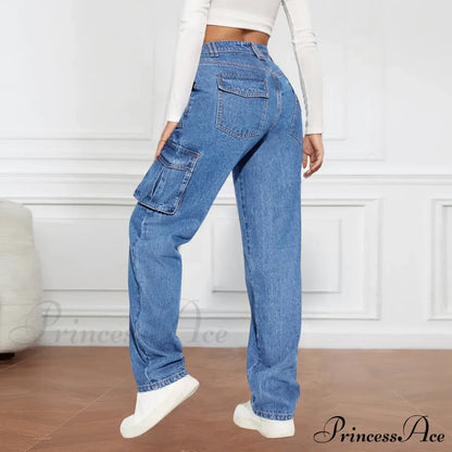 Blue Autumn Cargo Women High Waist Button Pocket Denim Pants High Quality Female Cowboy Jeans