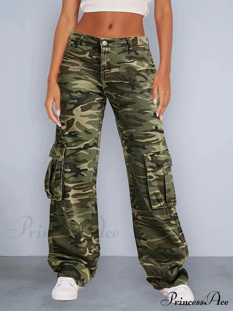 Camouflage Women's Cargo High Wist Vintage Baggy Denim Straight Casual Fashion Jean