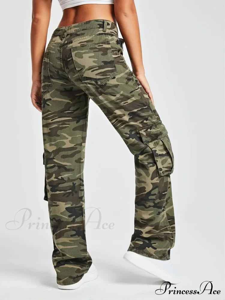 Camouflage Women's Cargo High Wist Vintage Baggy Denim Straight Casual Fashion Jean
