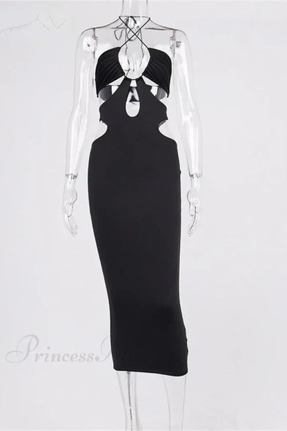 Cut Out Party Evening Sexy Black Women's Summer Hollow Out Halter Wrap Long Backless Midi Dress