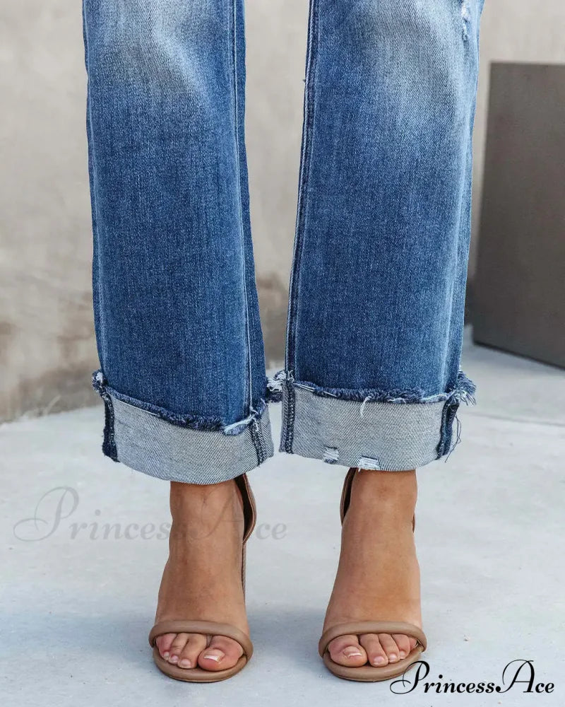 New Casual Loose Women's Wash Button Pockets High Waist Denim Abrade Elegant Jean