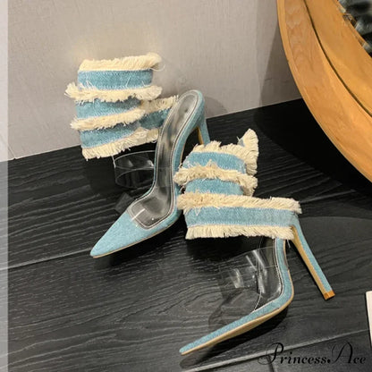 New Design Denim Ankle Snake Surround Strap Sandal Women Transparent PVC Summer High Heels Party Stripper Shoes Pumps