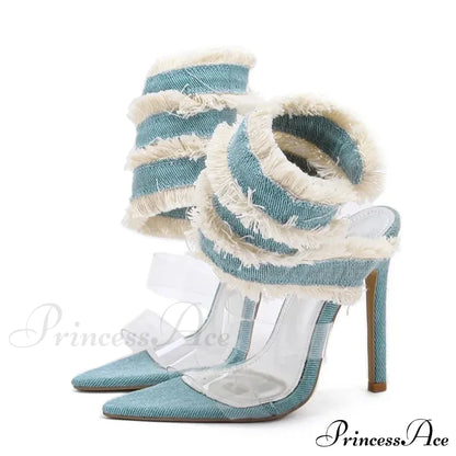New Design Denim Ankle Snake Surround Strap Sandal Women Transparent PVC Summer High Heels Party Stripper Shoes Pumps