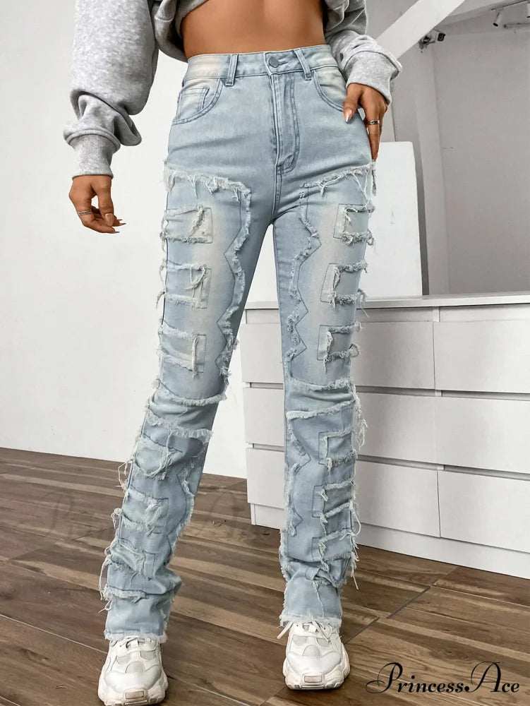 New European and American Streetwise Stretch Patch for Women High Street Straight Fit Long Women's Jean