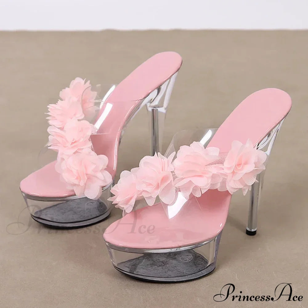 New Fashion Pink Flowers PVC Transparent Super High Heels Platform Slipper for Women