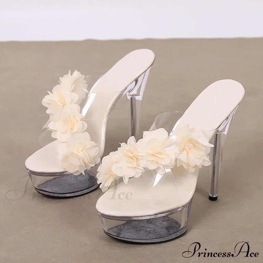 New Fashion Pink Flowers PVC Transparent Super High Heels Platform Slipper for Women