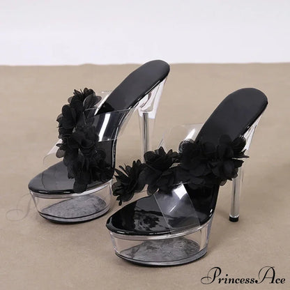 New Fashion Pink Flowers PVC Transparent Super High Heels Platform Slipper for Women
