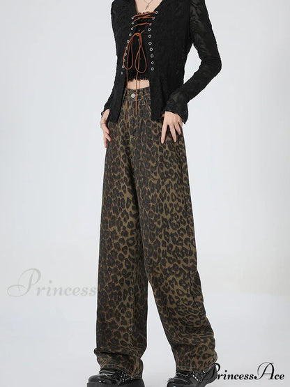 New Leopard Print Wide Leg Women High Waisted Fashion Streetwear Retro Y2K Denim Baggy Casual Straight Jean