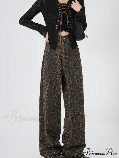 New Leopard Print Wide Leg Women High Waisted Fashion Streetwear Retro Y2K Denim Baggy Casual Straight Jean