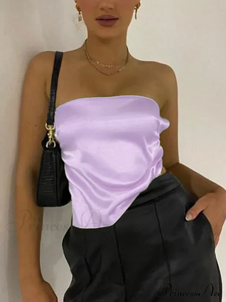 Satin Backless Crop Women Green Summer Cami Bandage Sleeveless Strapless Off Shoulder Tank top