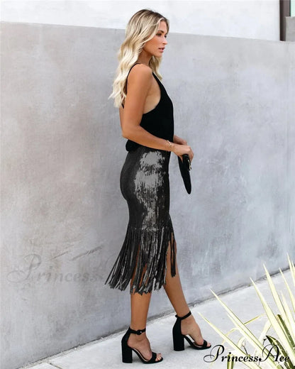 Sequin Tassel Tight Midi Skirt