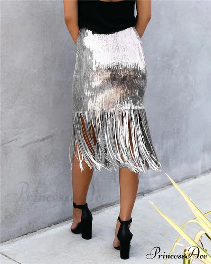 Sequin Tassel Tight Midi Skirt
