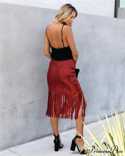 Sequin Tassel Tight Midi Skirt