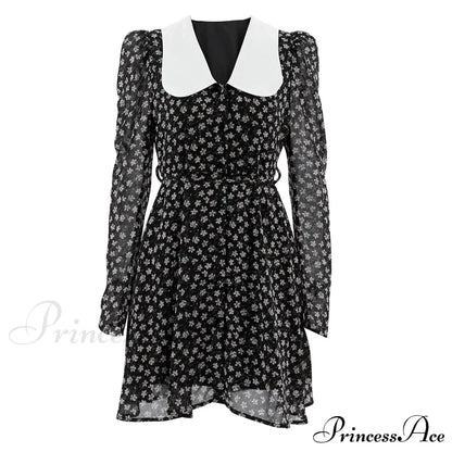 Spring French Puff Sleeve Women's Doll Collar Waist Long Sleeve A-Link Skirt Summer Floral Dress