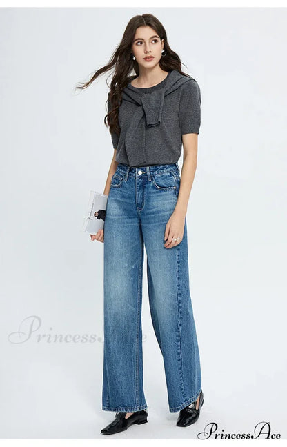Spring New High-waisted Loose Slimming Wide-leg Denim Versatile Floor-length Jean
