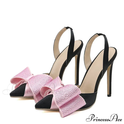 Spring Summer Women's Crystal Bowknot Slingback Sandals - Pointed Toe High Heels Wedding Prom Shoes