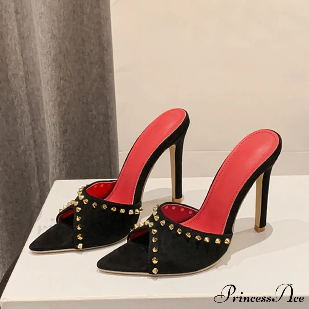 Summer Fashion Metal Rivet Designer High Heels Women Slippers Pointed Toe Party Stripper Shoes Mules Sandals