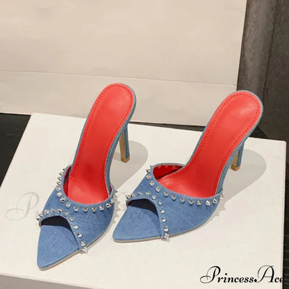 Summer Fashion Metal Rivet Designer High Heels Women Slippers Pointed Toe Party Stripper Shoes Mules Sandals