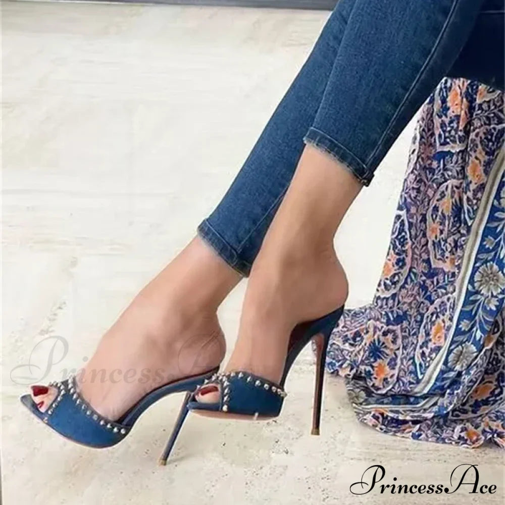 Summer Fashion Metal Rivet Designer High Heels Women Slippers Pointed Toe Party Stripper Shoes Mules Sandals