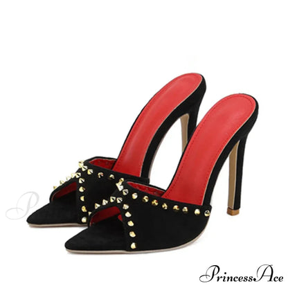 Summer Fashion Metal Rivet Designer High Heels Women Slippers Pointed Toe Party Stripper Shoes Mules Sandals