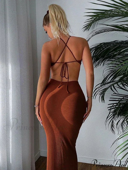 Summer Halter for Women's Sleeveless Backless Club Party Cutout Bandage Midi Dress Clothes Sexy