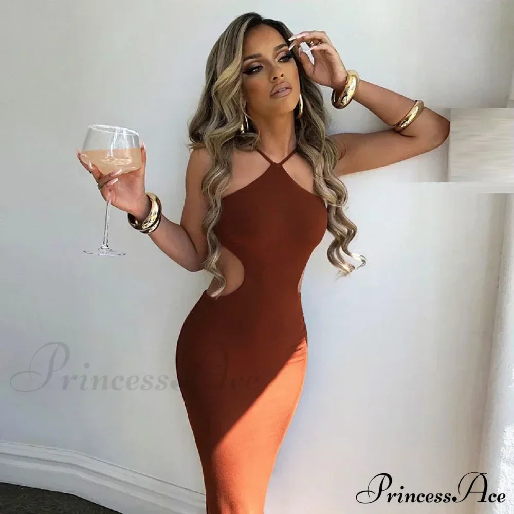 Summer Halter for Women's Sleeveless Backless Club Party Cutout Bandage Midi Dress Clothes Sexy