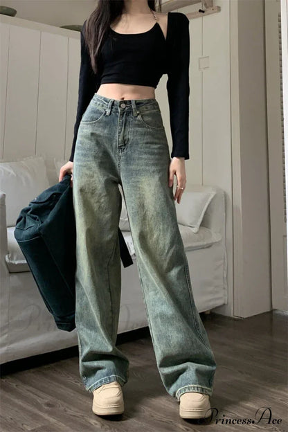 Vintage Korean Denim Pants Y2K American Retro Waist Cowboy Slim Straight Leg Wide Leg Cowboy Jeans