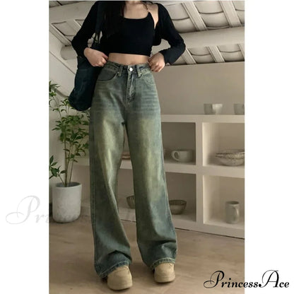 Vintage Korean Denim Pants Y2K American Retro Waist Cowboy Slim Straight Leg Wide Leg Cowboy Jeans