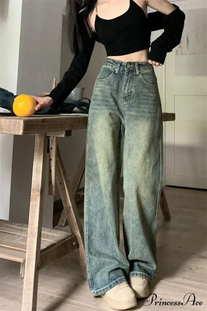 Vintage Korean Denim Pants Y2K American Retro Waist Cowboy Slim Straight Leg Wide Leg Cowboy Jeans