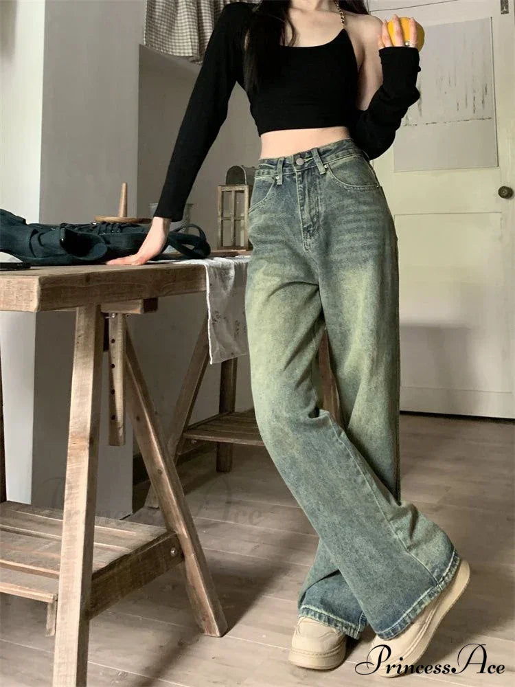 Vintage Korean Denim Pants Y2K American Retro Waist Cowboy Slim Straight Leg Wide Leg Cowboy Jeans