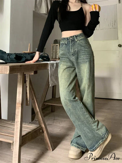Vintage Korean Denim Pants Y2K American Retro Waist Cowboy Slim Straight Leg Wide Leg Cowboy Jeans