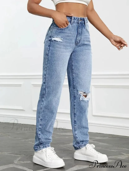 Women Casual Fashion High Streetwear Ripped Holes Denim Pants Female Vintage Trousers Jean