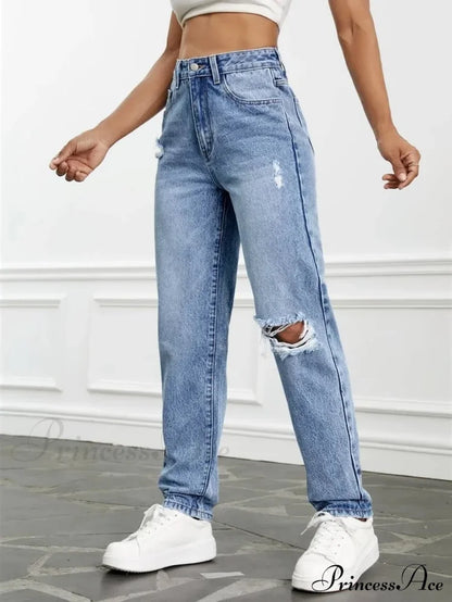Women Casual Fashion High Streetwear Ripped Holes Denim Pants Female Vintage Trousers Jean