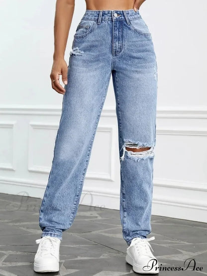 Women Casual Fashion High Streetwear Ripped Holes Denim Pants Female Vintage Trousers Jean